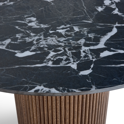 Marcio Black Marble-effect Ceramic Top & Wooden Base Round Dining Table - 120cm