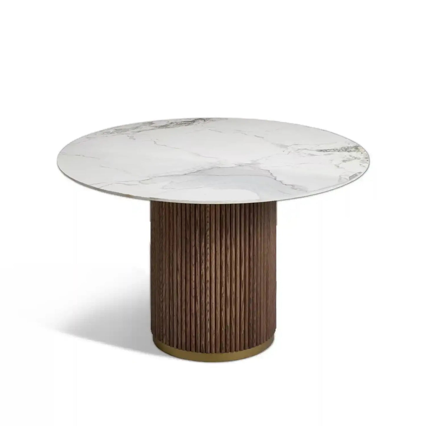 Marcio White Marble-effect Ceramic Top & Wooden Base Round Dining Table - 120cm - Pattern C