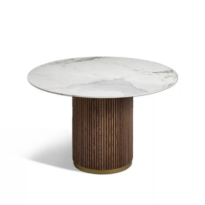 Marcio White Marble-effect Ceramic Top & Wooden Base Round Dining Table - 120cm - Pattern C