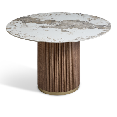 Marcio White Marble-effect Ceramic Top & Wooden Base Round Dining Table - 120cm - Pattern A