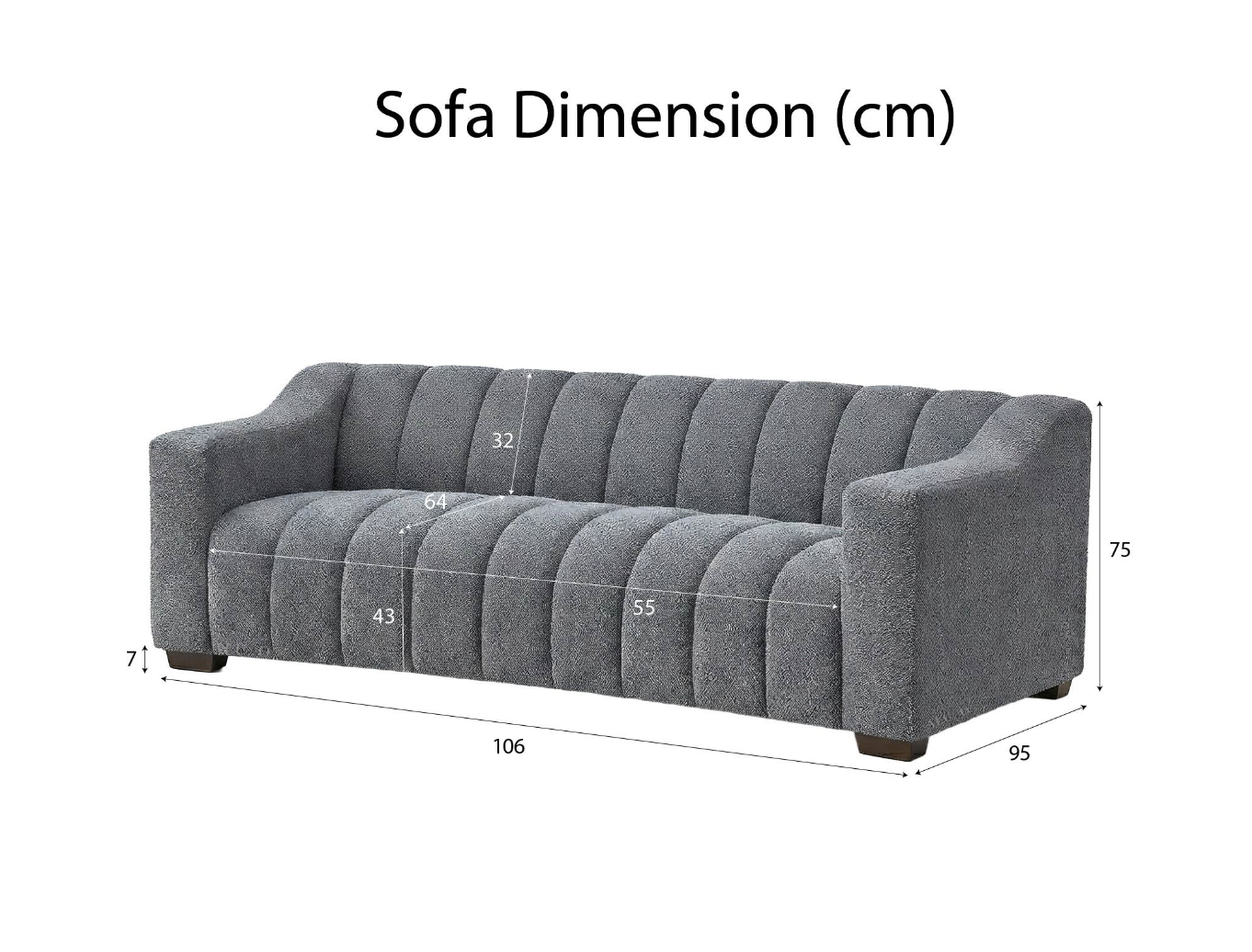 Astoria 3 Seater Sofa – Iron Bouclé | Deep Channel Stitched Design